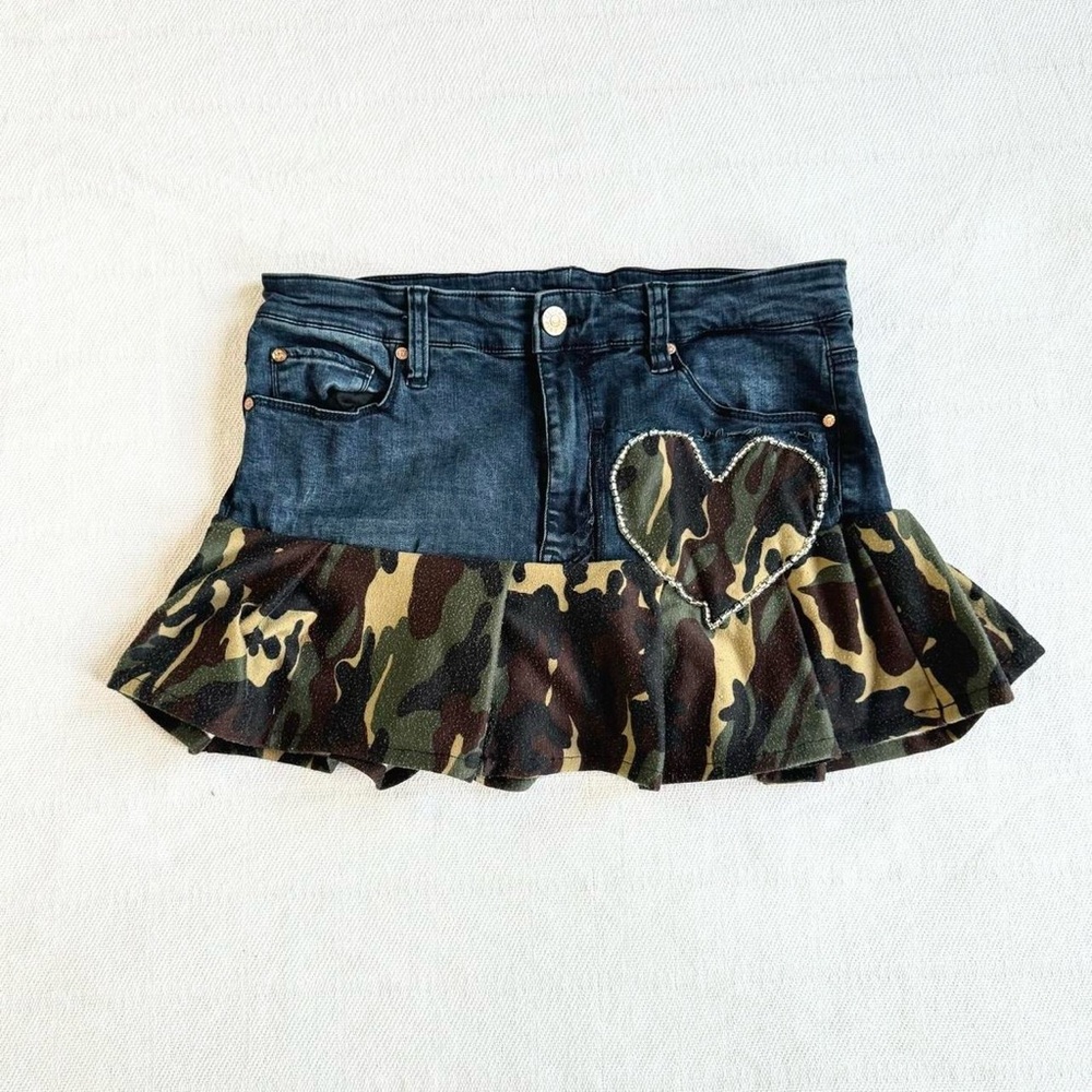Camouflage Denim Skirt with Heart Patch
